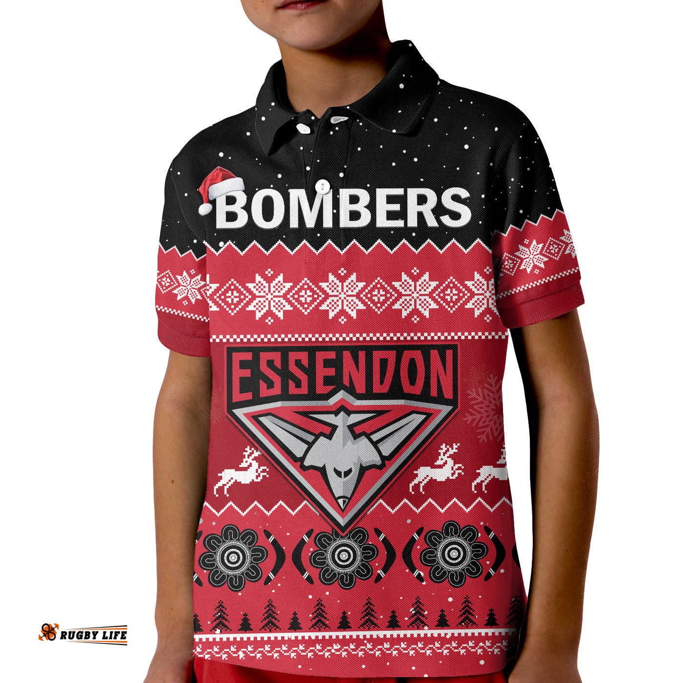 Custom Personalised Essendon Football Polo Shirt KID Bombers Indigenous Merry Christmas