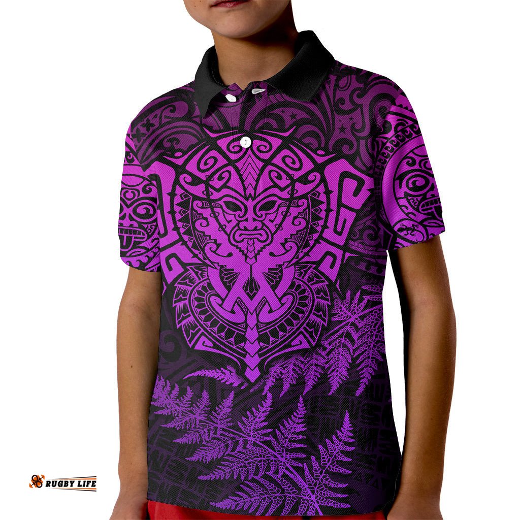 New Zealand Rugby Kid Polo Shirt Silver Fern All Black Mix Ta Moko Purple Style