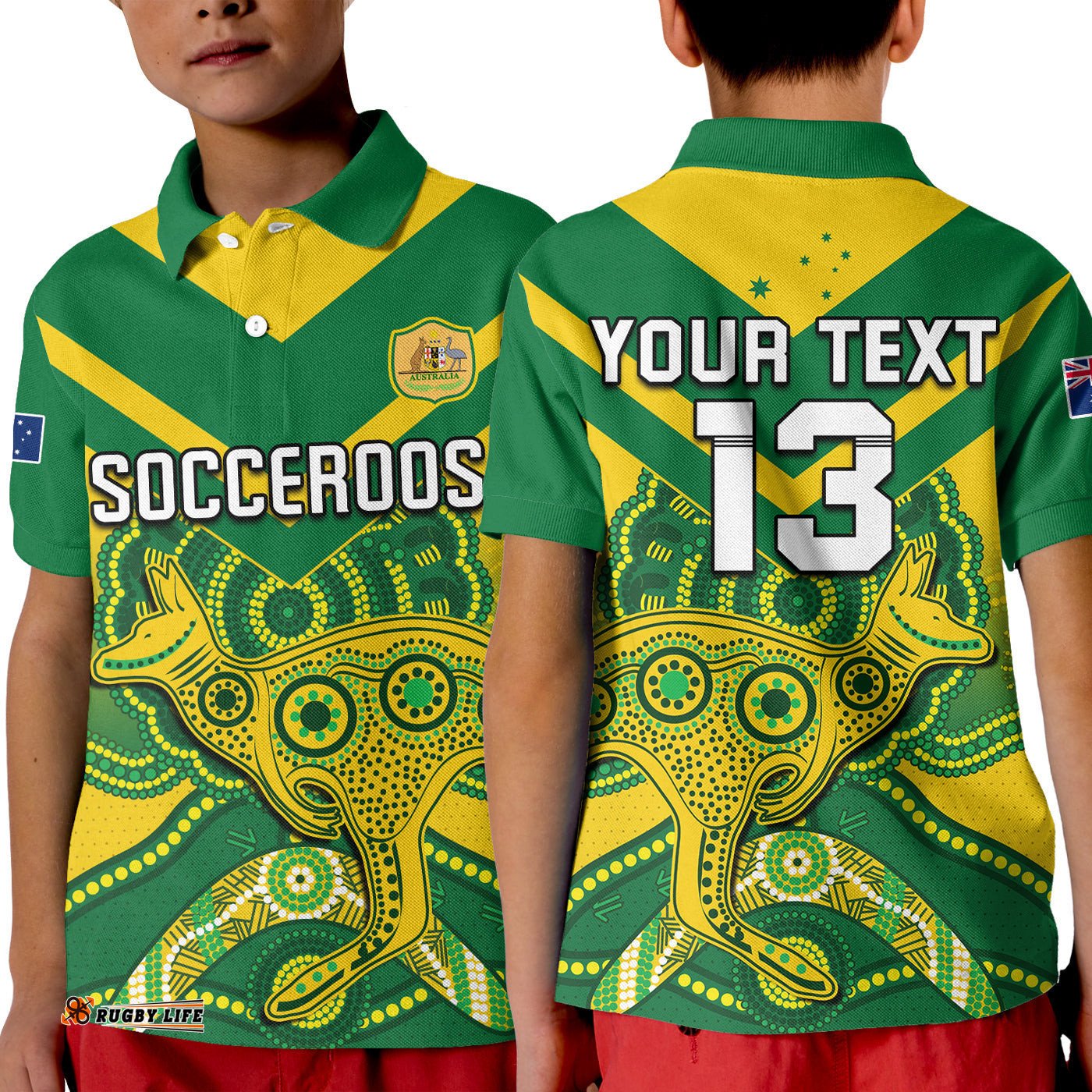Custom Text and Number Australia Soccer Polo Shirt KID Champions Aboriginal Kangaroos World Cup Football Socceroos