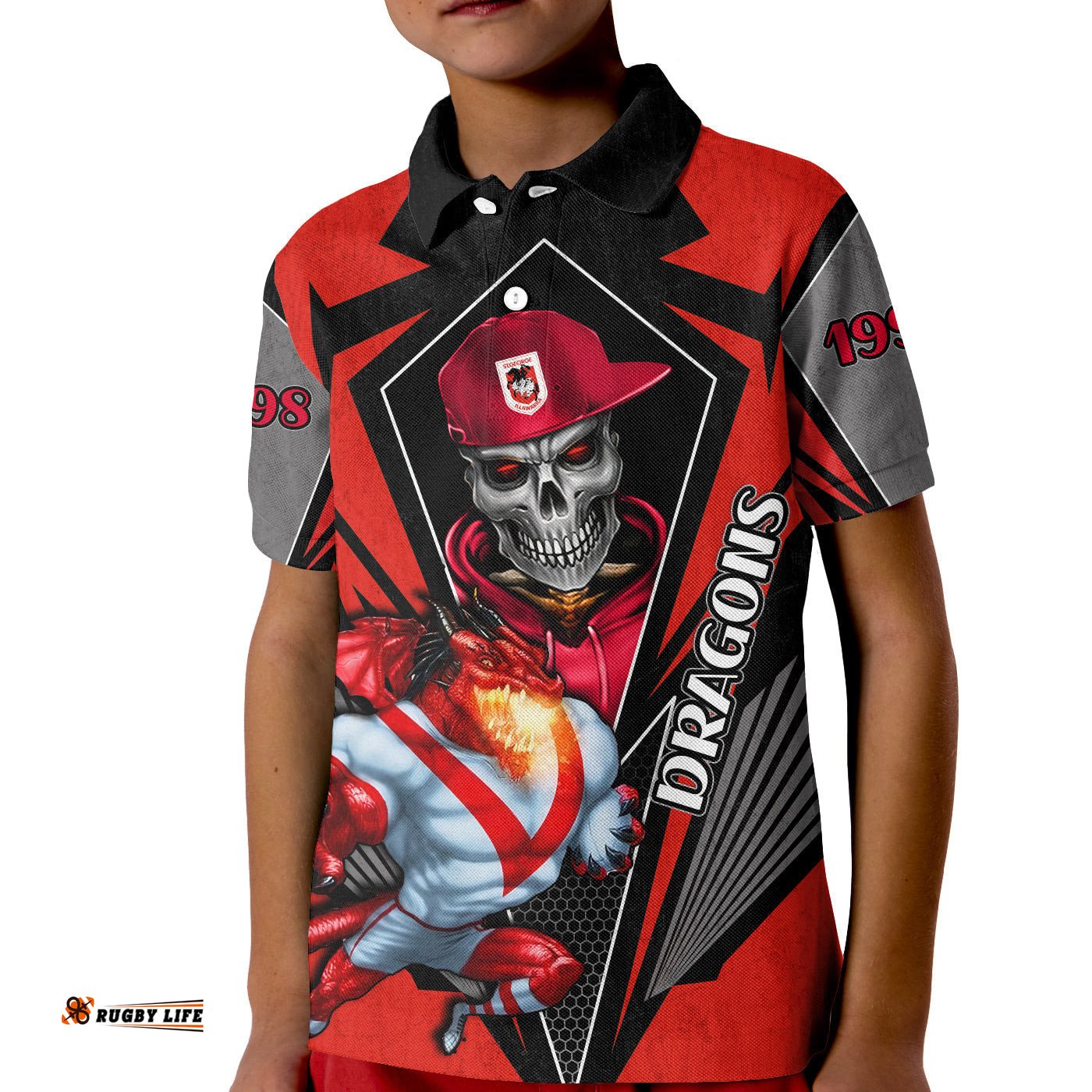 Custom Personalised Dragons Rugby Polo Shirt KID Mascot St. George Illawarra Since 1998 Cool Skull