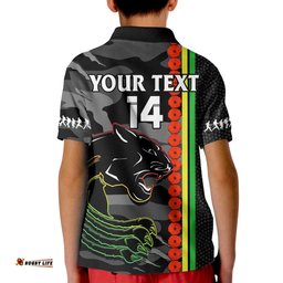 Custom Text And Number Panthers Rugby ANZAC Polo Shirt KID Aboriginal Mix Poppy Camouflage Black