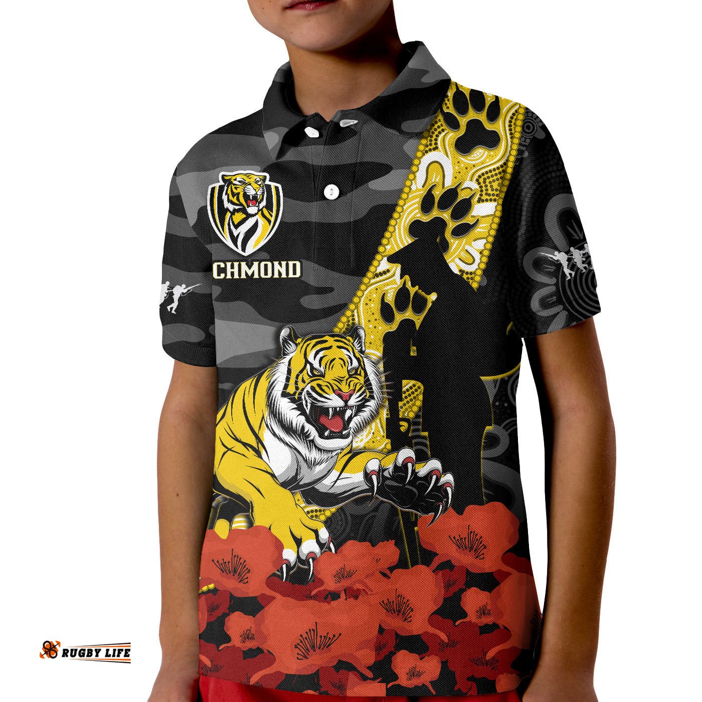 Custom Text And Number Richmond Football ANZACPolo Shirt KID Tigers Aboriginal Mix Poppy Camouflage