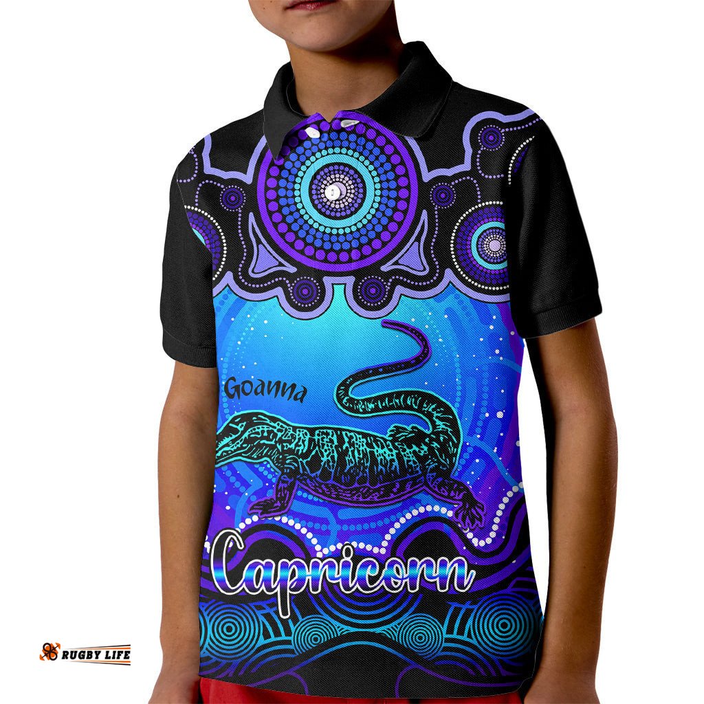 Personalised Australia Capricorn Goanna Zodiac Kid Polo Shirt Auz Astrology Aboriginal - Blue