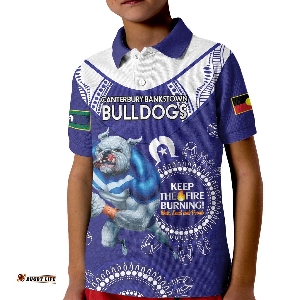 Custom NRL Bulldogs NAIDOC Week Kid Polo Shirt Keep The Fire Burning Indigenous Art