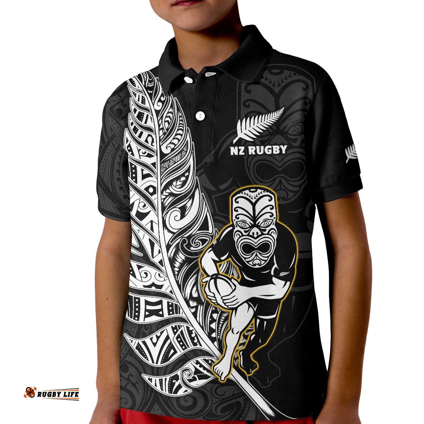 Custom Text And Number New Zealand Silver Fern Rugby Polo Shirt KID All Black Maori Version Black