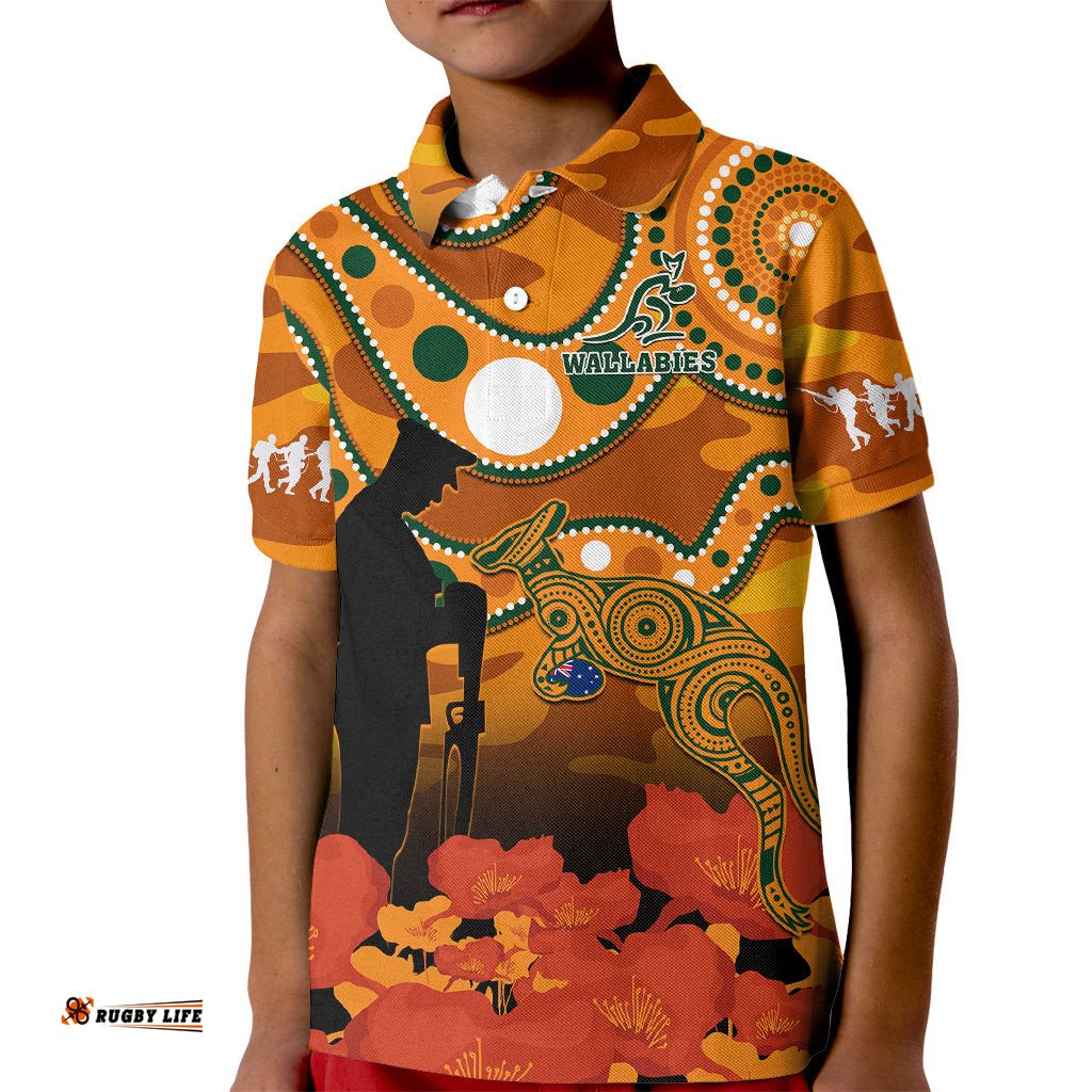 Wallabies Rugby ANZAC Kid Polo Shirt Aboriginal Camouflage Lest We Forget