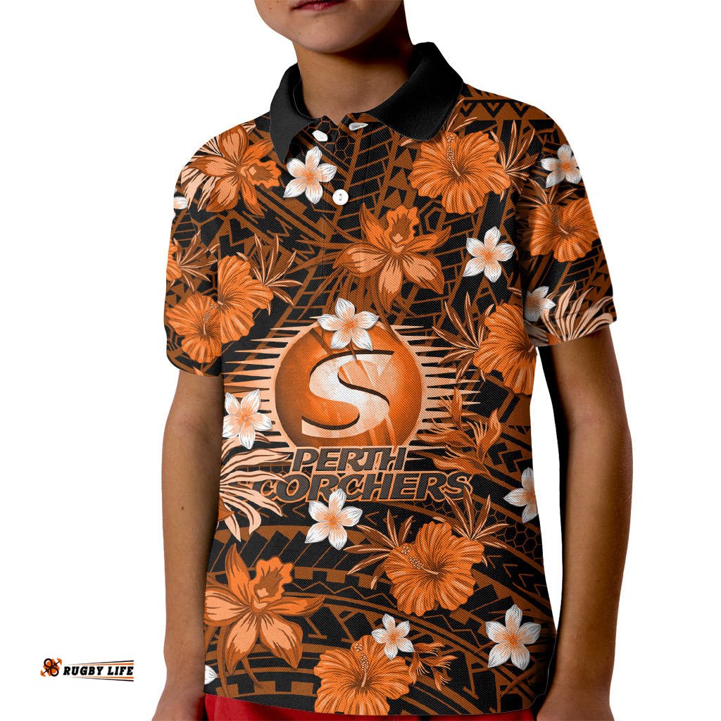Australian Scorchers Cricket Kid Polo Shirt Baeuty Pacific Hibiscus and Polynesian Pattern