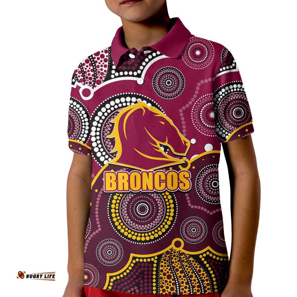 Custom Personalised And Number Broncos NRL Kid Polo Shirt Aboriginal Patterns