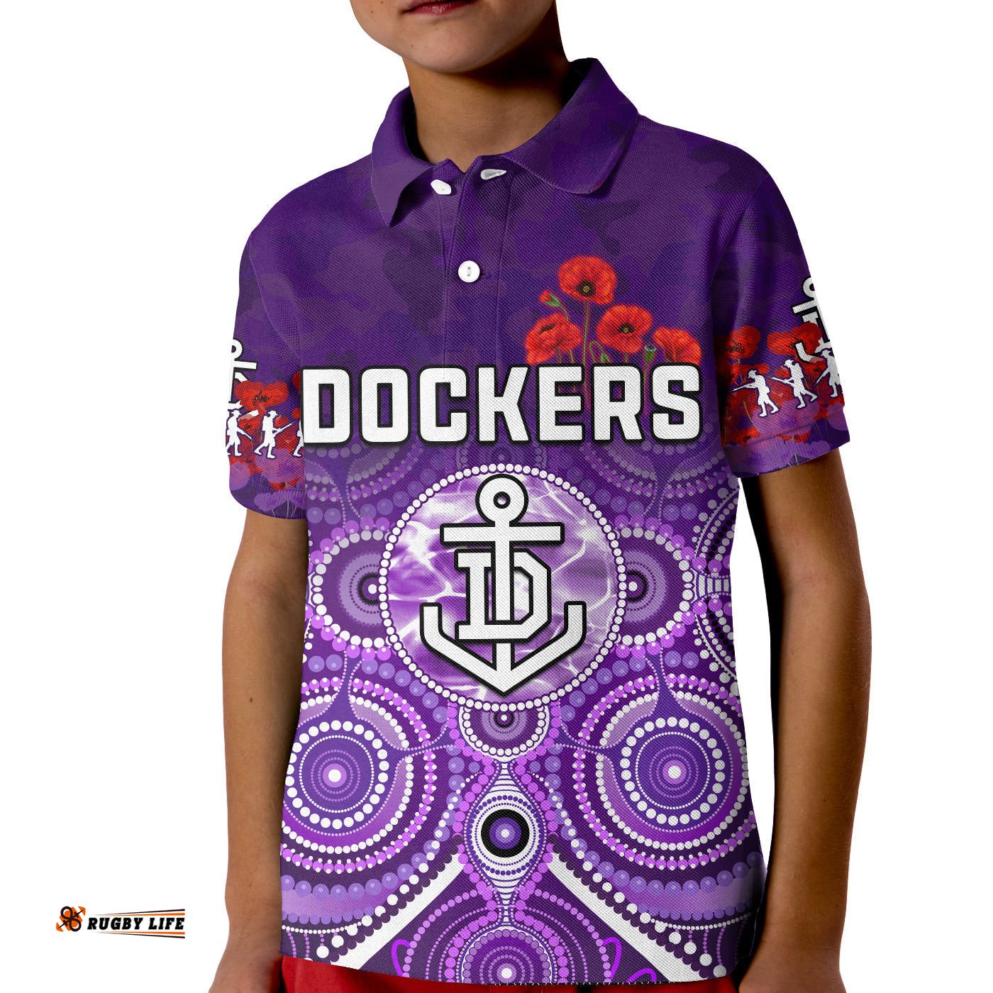Dockers AnzacPolo Shirt KID Fremantle Football Aboriginal Poppy Flowers