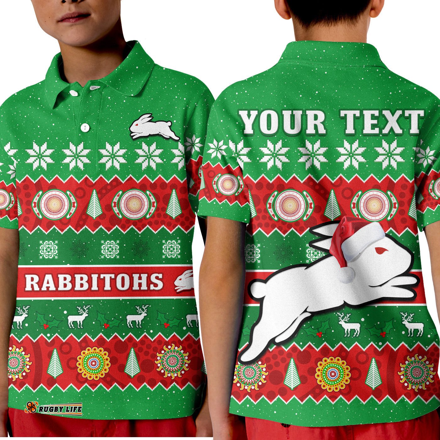 Custom Personalised Rabbitohs Christmas Polo Shirt KID Souths Aboriginal Art Merry Xmas