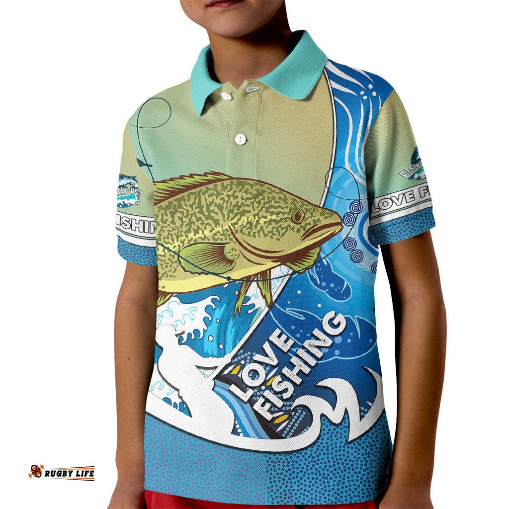 Australia Fishing Kid Polo Shirt Love Fishing Murray Cod In Aboriginal Art Patterns