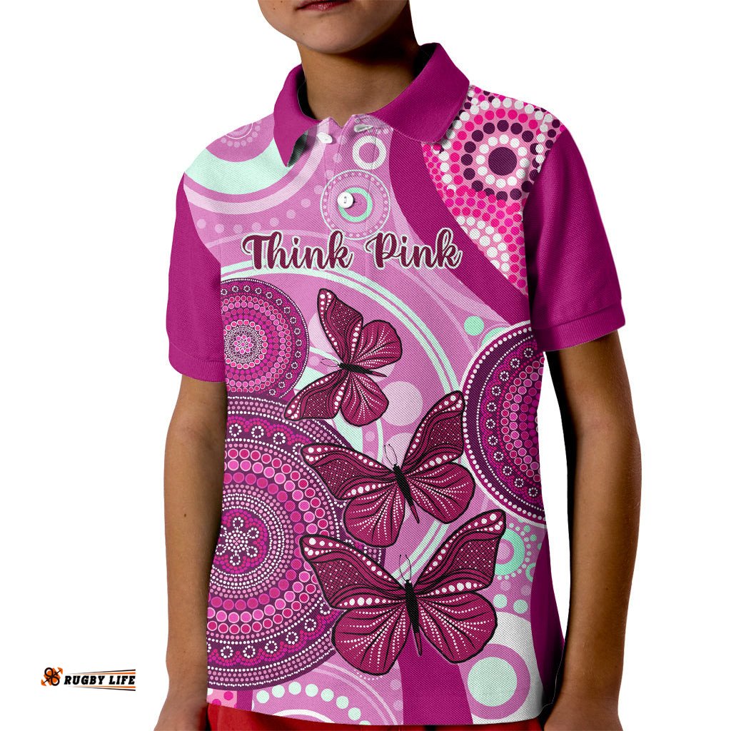 Australia Breast Cancer Kid Polo Shirt Indigenous Butterfly No One Fights Alone
