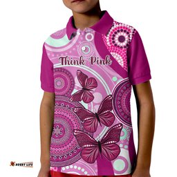 Australia Breast Cancer Kid Polo Shirt Indigenous Butterfly No One Fights Alone