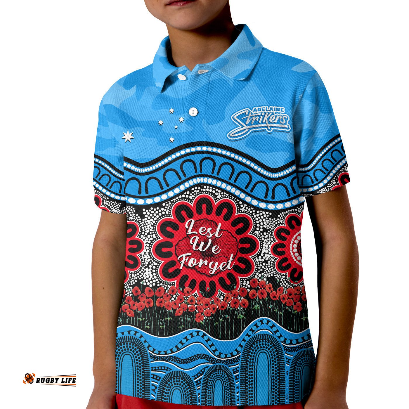 Custom Text And Number Adelaide Strikers Cricket ANZAC Polo Shirt KID Poppy Aboriginal Camouflage
