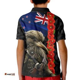 New Zealand Kiwi Soldier ANZAC Kid Polo Shirt Red Poppy Flower and Silver Fern Pattern