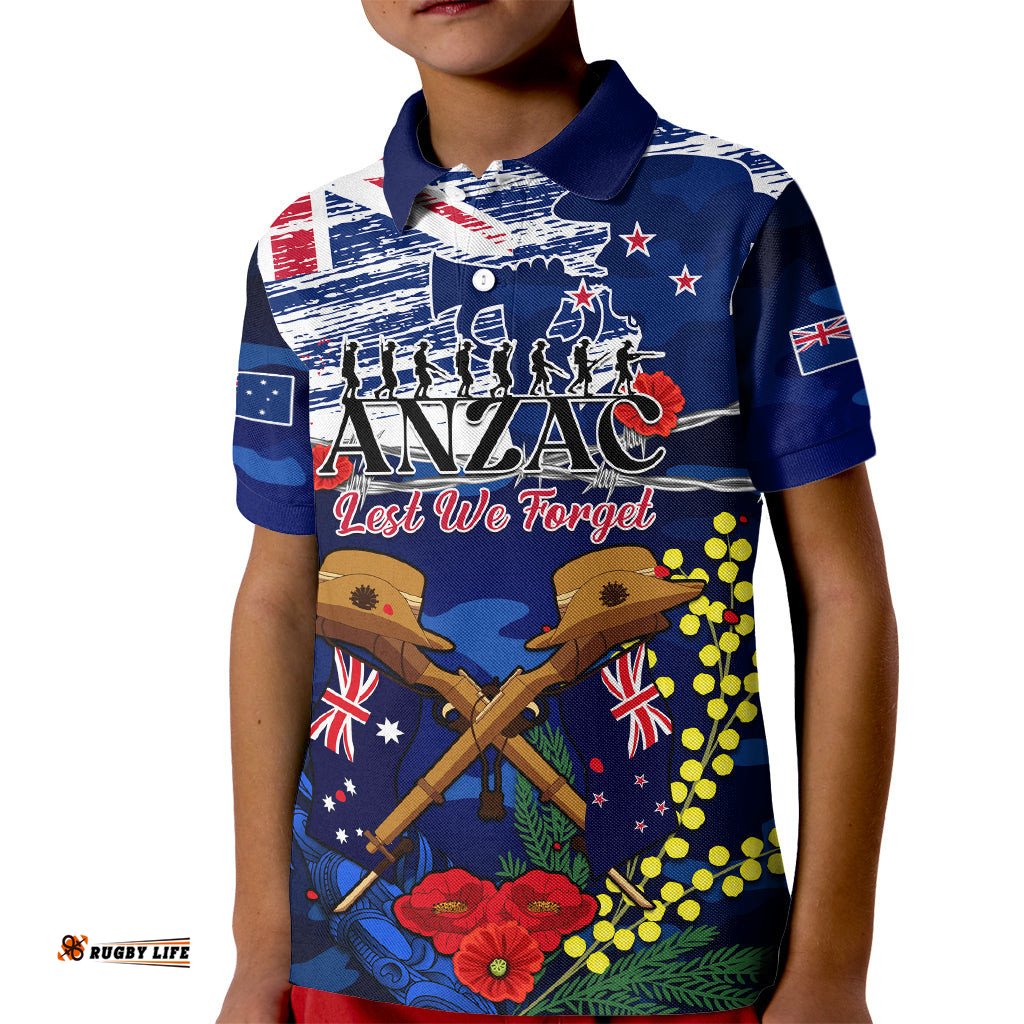 Australia And New Zealand ANZAC Day Kid Polo Shirt Lest We Forget Silver Fern With Golden Wattle
