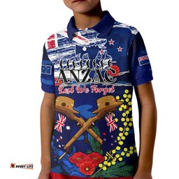Australia And New Zealand ANZAC Day Kid Polo Shirt Lest We Forget Silver Fern With Golden Wattle
