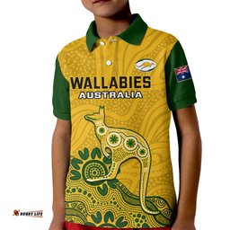 Custom Australia Rugby Kid Polo Shirt WallabiesKangaroo Indigenous Art