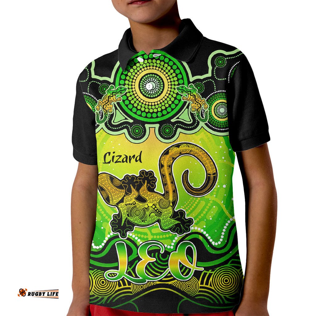 Personalised Australia Leo Lizard Zodiac Kid Polo Shirt Auz Astrology Aboriginal - Green