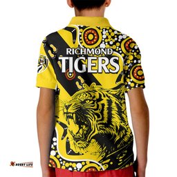 Richmond Tigers Football Kid Polo Shirt Angry Tiger Roaring Aboriginal Boomerang and Dots Art