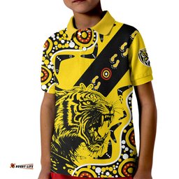 Richmond Tigers Football Kid Polo Shirt Angry Tiger Roaring Aboriginal Boomerang and Dots Art