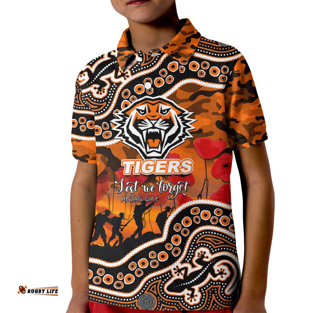 Custom Personalised Anzac Day NRL - Tigers Kid Polo Shirt Aboriginal Lizard Patterns