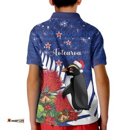 New Zealand Christmas In July Kid Polo Shirt Fiordland Penguin With Pohutukawa Flower