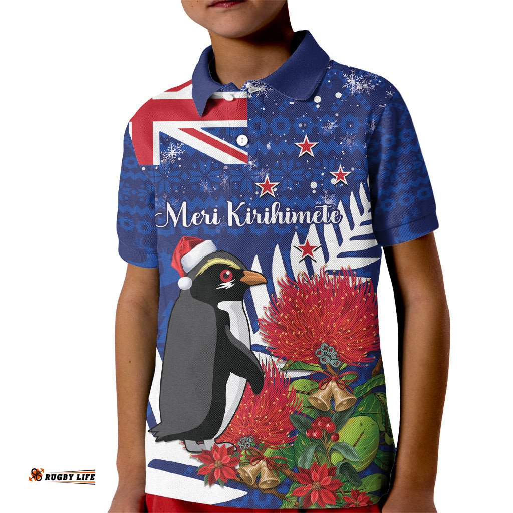 New Zealand Christmas In July Kid Polo Shirt Fiordland Penguin With Pohutukawa Flower