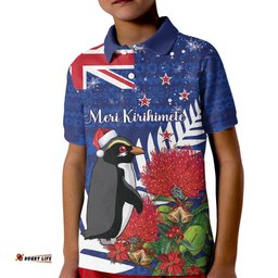 New Zealand Christmas In July Kid Polo Shirt Fiordland Penguin With Pohutukawa Flower