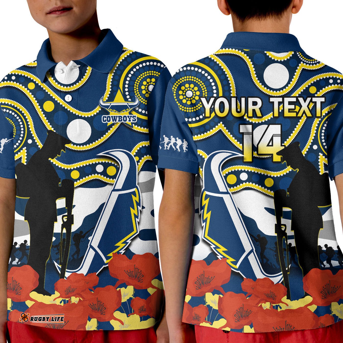 Custom Text And Number Cowboys Rugby ANZACPolo Shirt KID Australian Army Aboriginal Lest We Forget