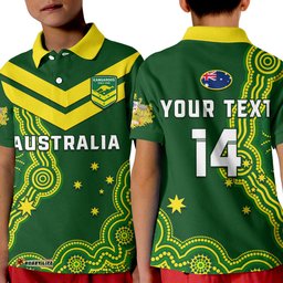 Custom Text And Number Australia Rugby Polo Shirt KID The Kangaroos Champions Pacific Indigenous