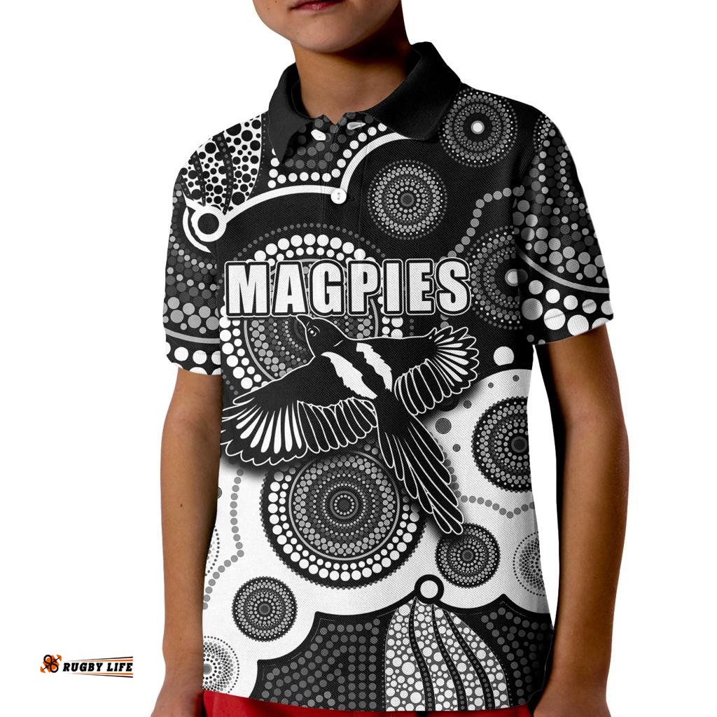 Custom Personalised And Number Magpies AFL Kid Polo Shirt Aboriginal Patterns