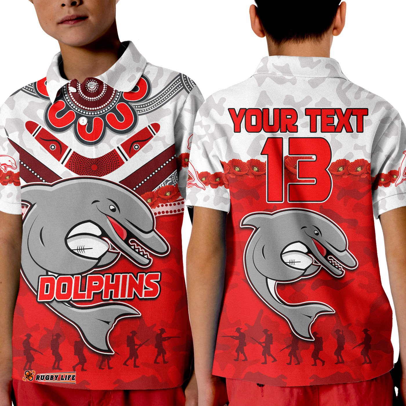Custom Text and Number Dolphins Rugby Polo Shirt KID ANZAC Day Poppy Aboriginal