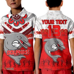 Custom Text and Number Dolphins Rugby Polo Shirt KID ANZAC Day Poppy Aboriginal