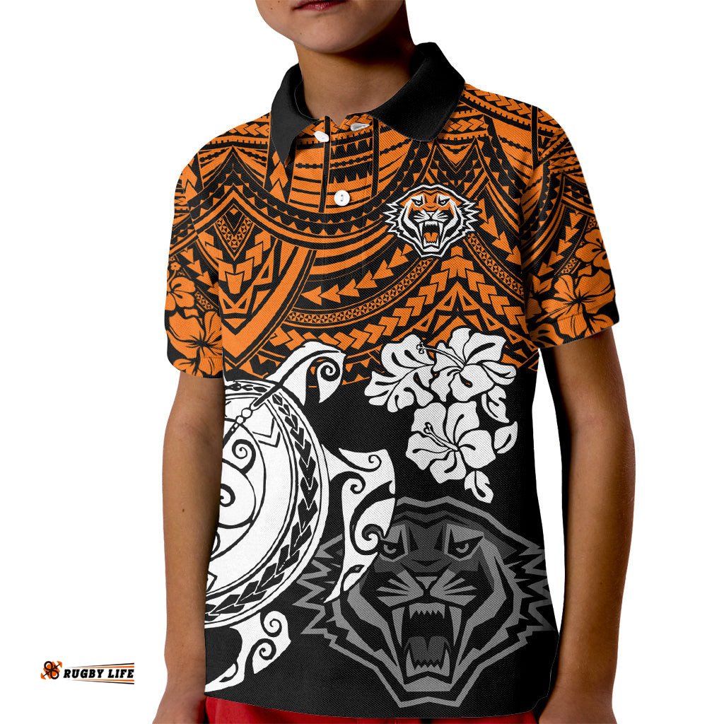 Custom Wests Tigers Rugby Kid Polo Shirt Hibiscus and Turtle With Polynesian Pattern