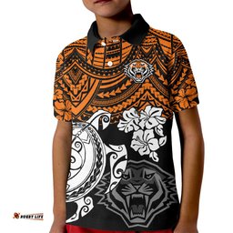 Custom Wests Tigers Rugby Kid Polo Shirt Hibiscus and Turtle With Polynesian Pattern