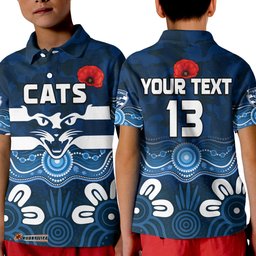 Custom Text and Number Cats AnzacPolo Shirt KID Geelong Football Aboriginal Poppy