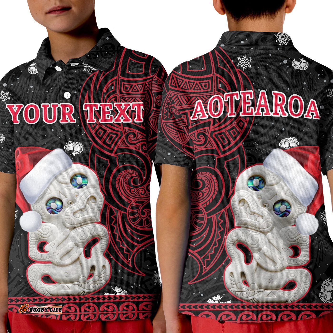 Custom Personalised New Zealand Christmas Polo Shirt KID Hei Tiki Red Pohutukawa Meri Kirihimete