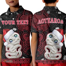 Custom Personalised New Zealand Christmas Polo Shirt KID Hei Tiki Red Pohutukawa Meri Kirihimete