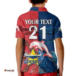 Custom Text And Number NRL Half Dolphins and Half Cowboys Rugby Kid Polo Shirt Aboriginal-