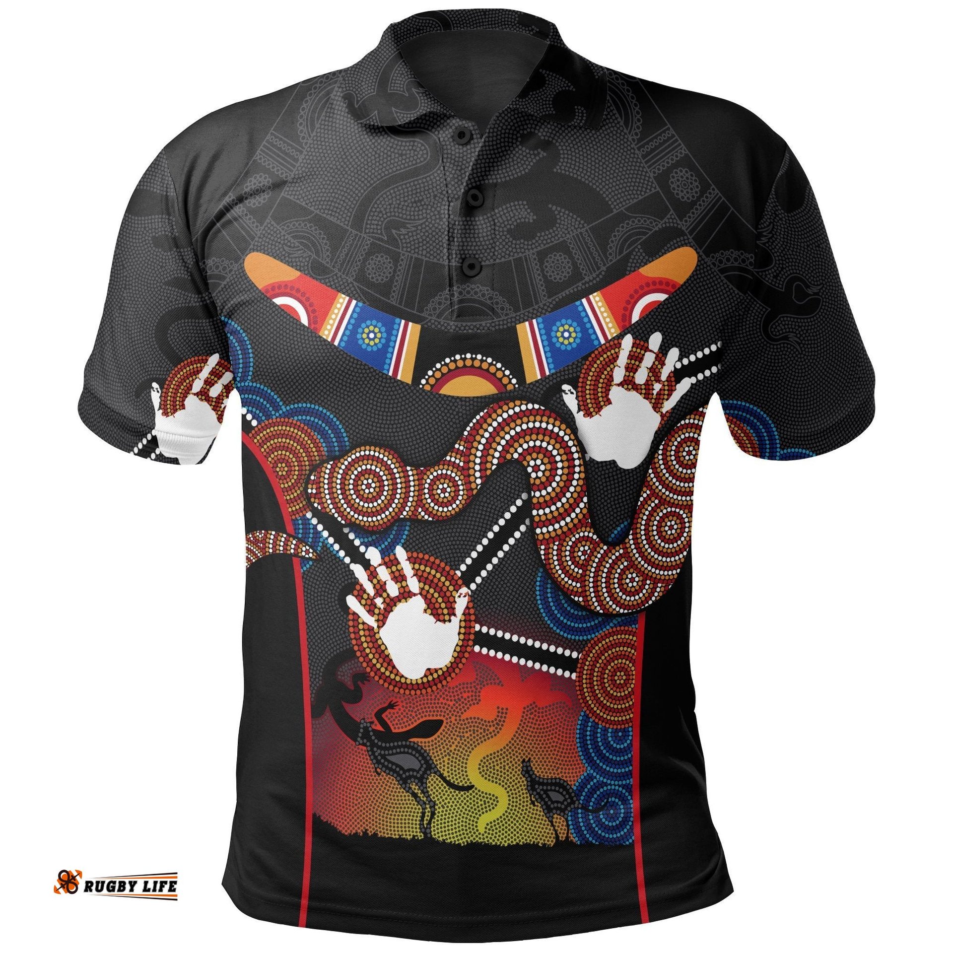 Kid Aboriginal Polo Shirt, Australian Boomerang and Snake Indigenous Art