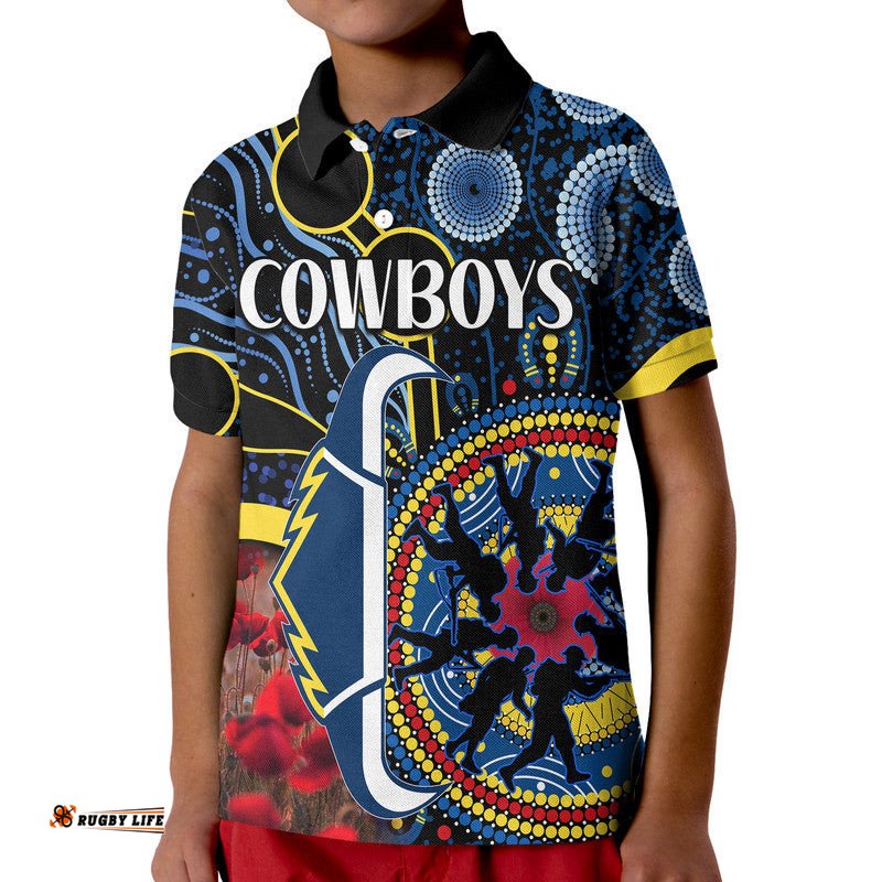 Cowboys Rugby ANZAC Kid Polo Shirt Aboriginal Military and Poppy Flowers