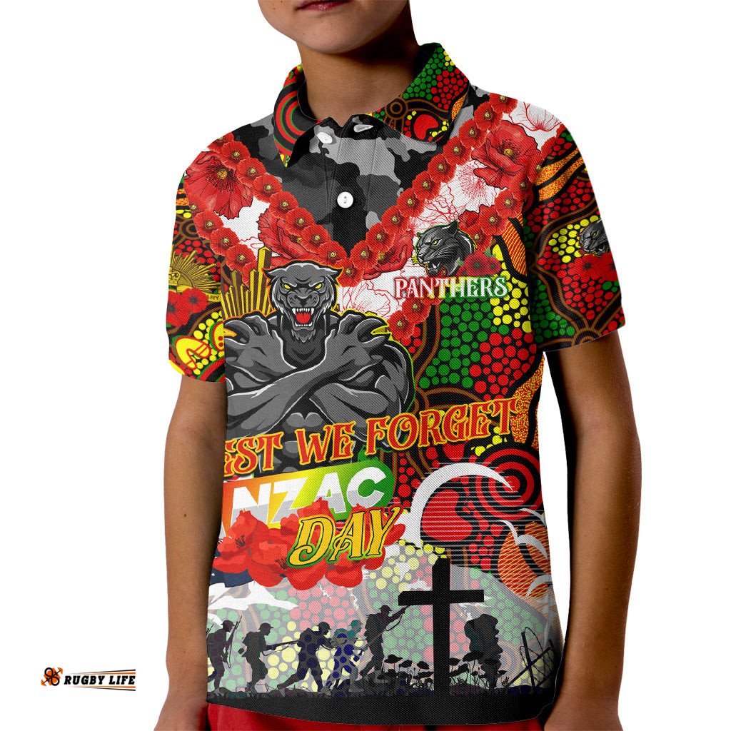Personalised Panthers ANZAC Day Kid Polo Shirt Aboriginal Rising Sun