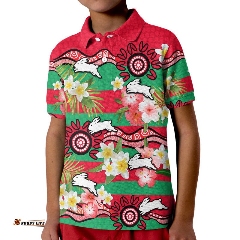 Custom Personalised Rabbitohs Rugby Kid Polo Shirt Tropical Flowers And Palm Hawaiian Style