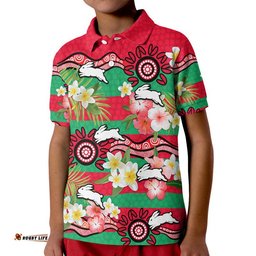 Custom Personalised Rabbitohs Rugby Kid Polo Shirt Tropical Flowers And Palm Hawaiian Style