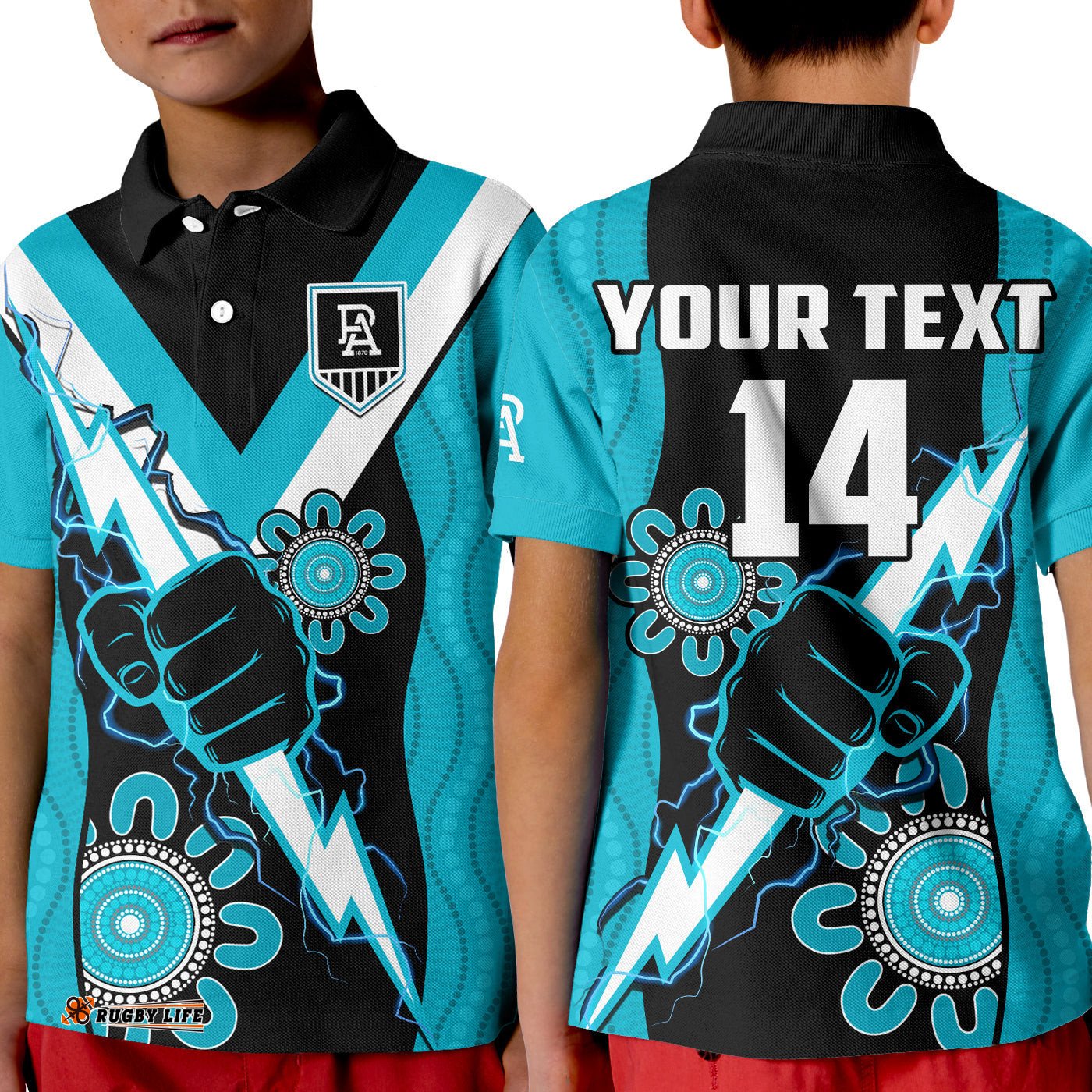 Custom Text And Number Port Adelaide Football Polo Shirt KID Power Thunder Hand Mix Aboriginal Dynamic