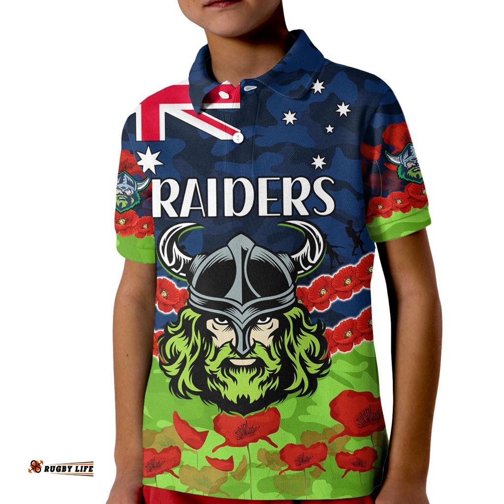 Custom Text And Number Raiders Rugby ANZAC Kid Polo Shirt Lest We Forget