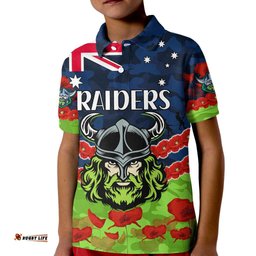 Custom Text And Number Raiders Rugby ANZAC Kid Polo Shirt Lest We Forget