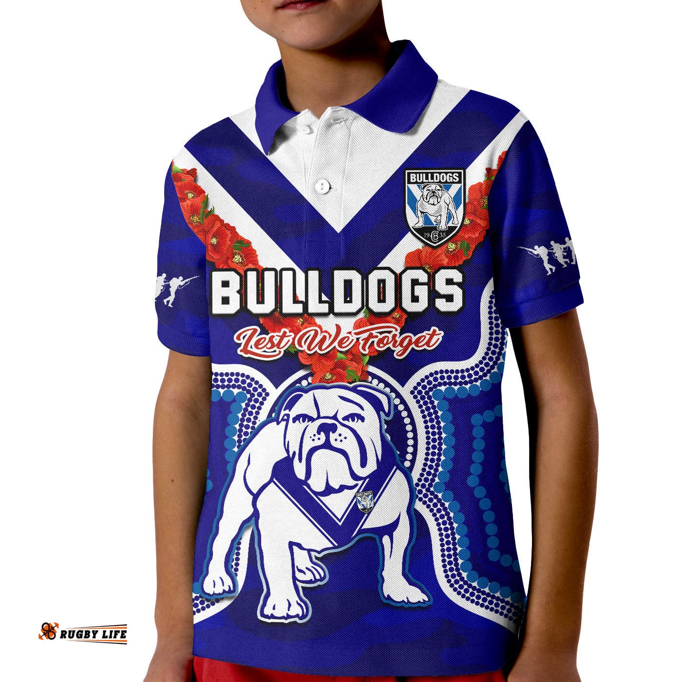 Bulldogs Rugby ANZACPolo Shirt KID Dots Poppy Mix Camouflage Lest We Forget