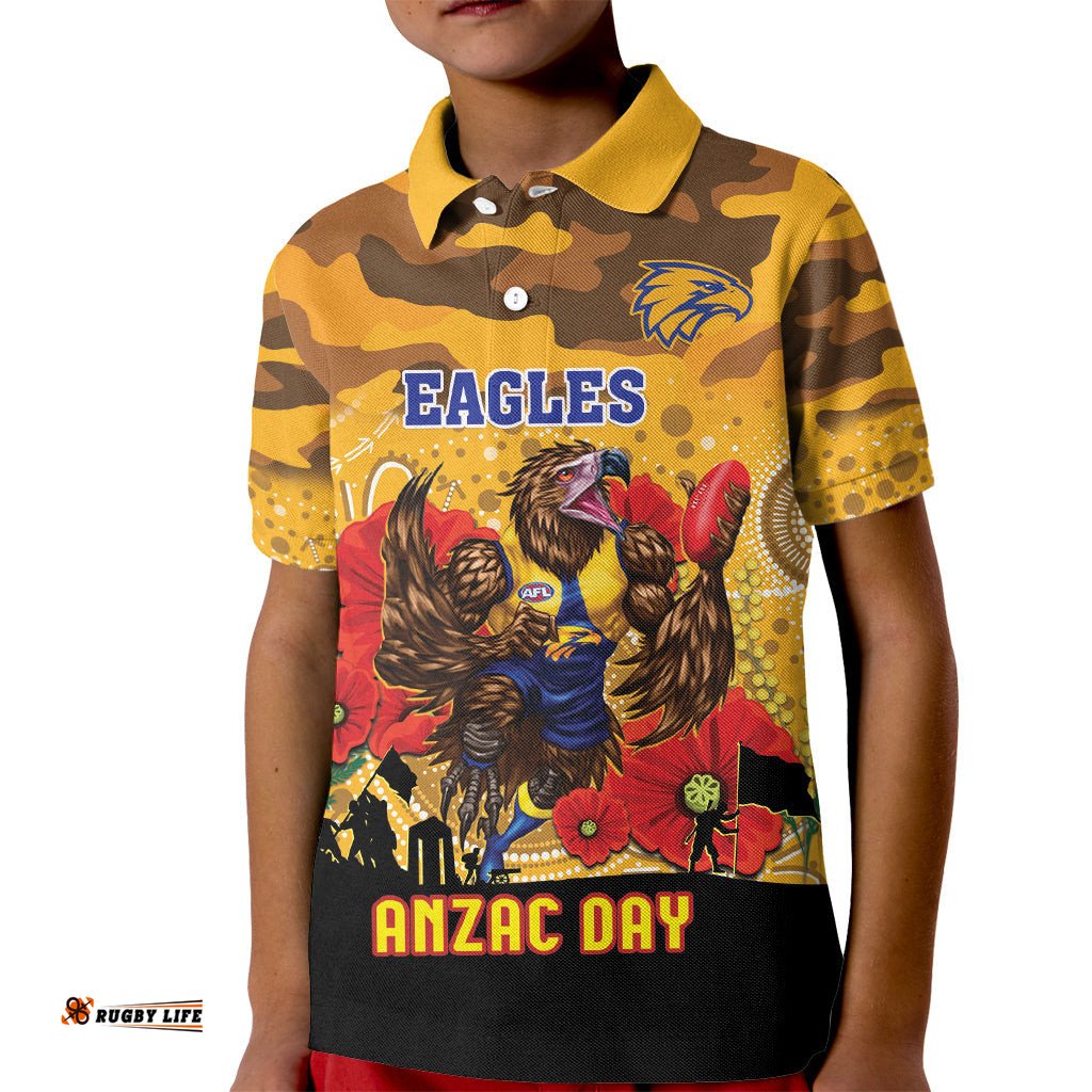 Custom Eagles Football ANZAC Kid Polo Shirt Gallipoli Camouflage With Poppies